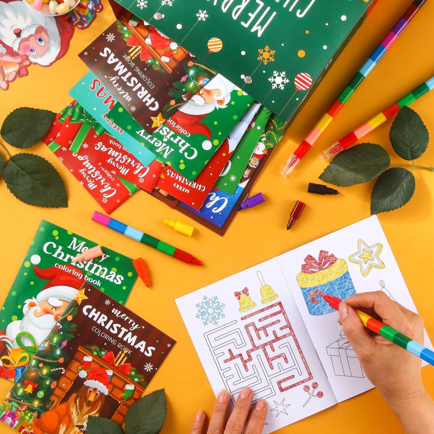 BenLouis 12 Christmas Mini Coloring Books Kids with 12 Stacking Crayons Christmas Theme Party Favors Small Activity Books Bulk f