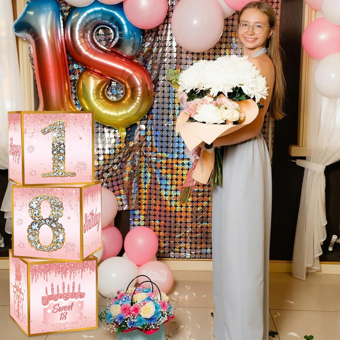 Toniful 4 Pcs Sweet 18Th Birthday Decorations Boxes For Girl, Sixteen Years Old Birthday Cardboard Box,Pink And Rose Gold 18Th B