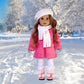 Dreamworld Collections Parisian Adventure - 5 Piece Outfit - Pink Coat, White Beret, Scarf, Leggings And Pink Boots - Clothes Fi