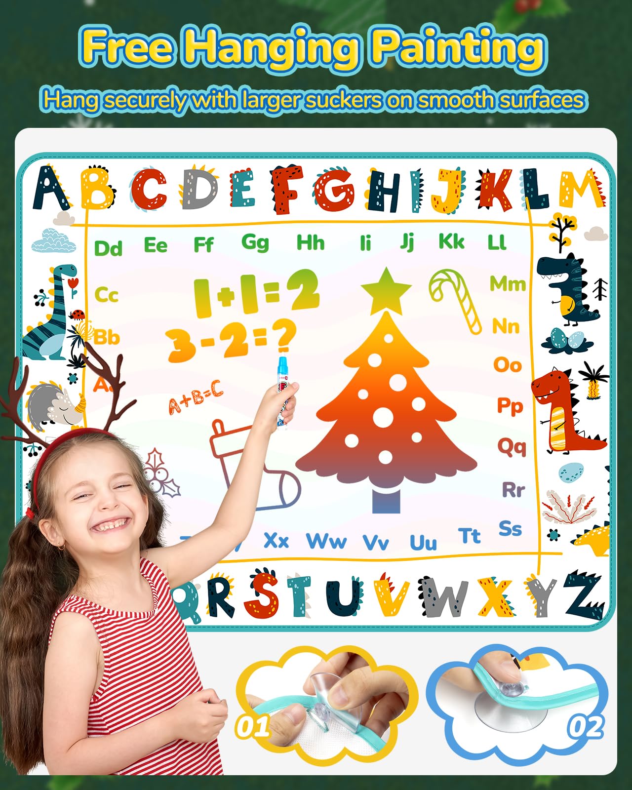Tecjoe Water Doodle Mat, 39 × 31 Inches Large Kids Painting Writing Water Drawing Mat, Mess Free Reusable Toddler Gift For Age 3 4 5 6 7 Years Old Girls Boys, Educational Toys Bring Magic Pens