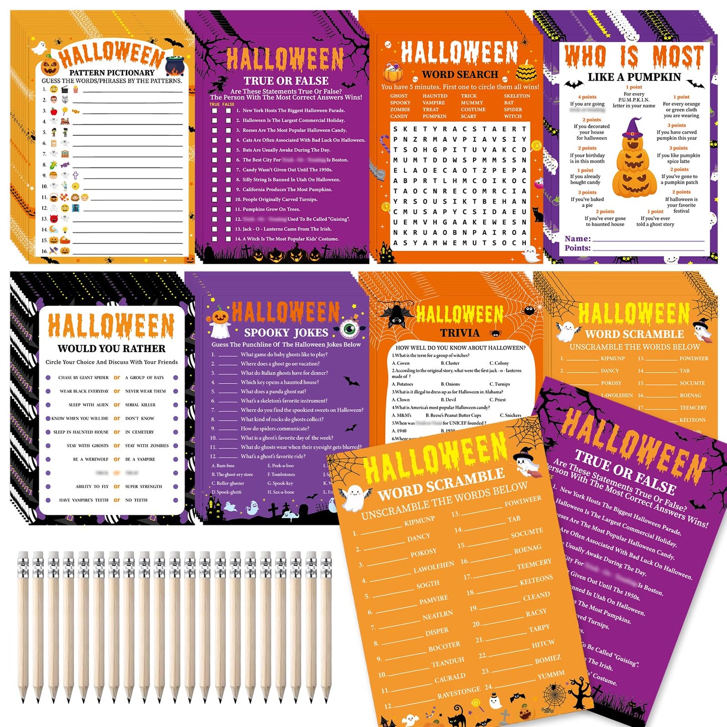 gisgfim 231Pcs Halloween Party Games Cards Halloween Scary Pumpkin Trivia Word Search Scramble Maze Games Spooky Party Gifts Supplies for School Classroom Family Activities Holiday Birthday Favor