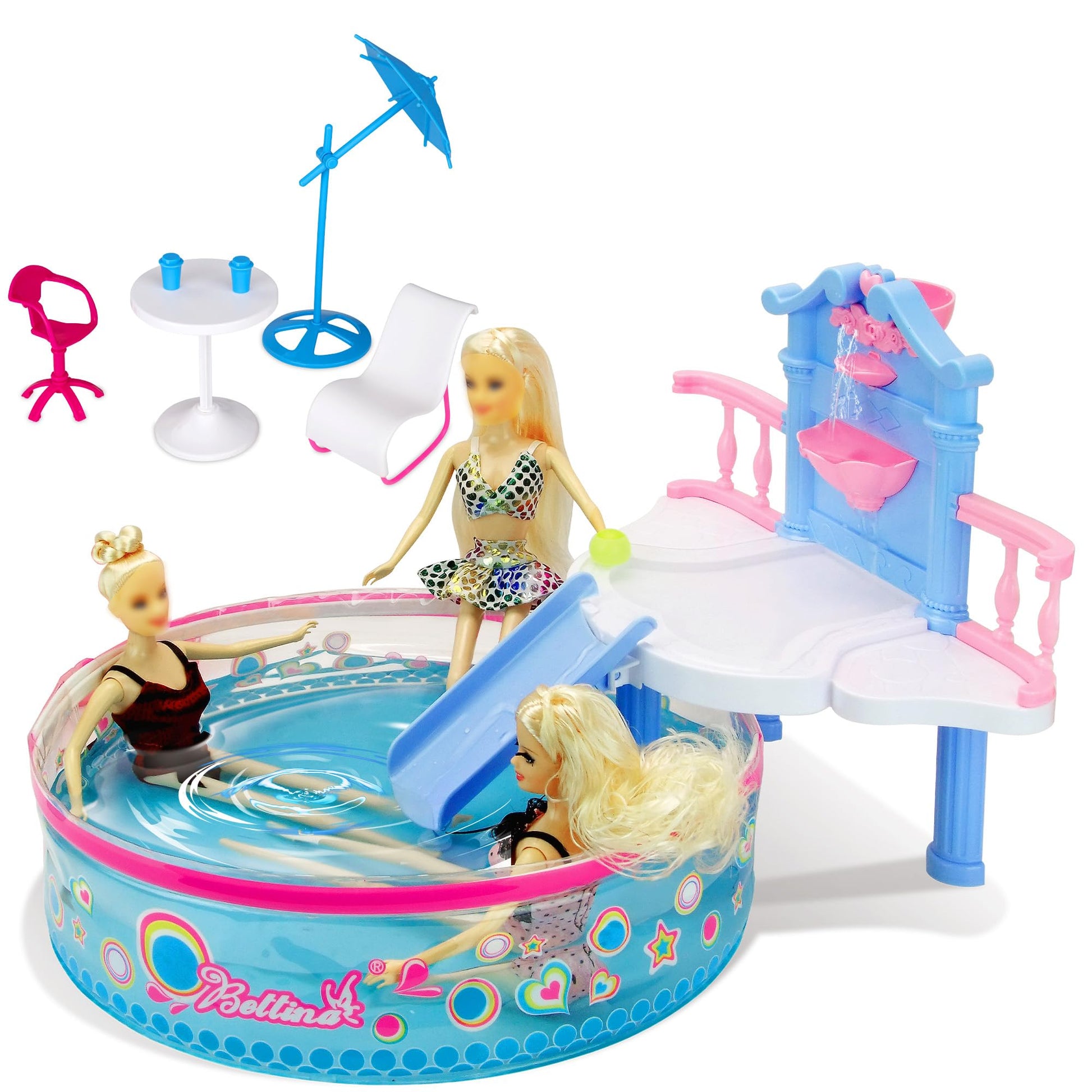 Glam Pool Playset, Deluxe Doll Pool With 7 Pcs Pool Accessories, Fits Dolls Up To 12 Inch, Kids Gifts For 3 To 8 Year Olds Girls, Bath Toys For Toddlers, Birthday Xmas Toy Gifts For Girls Kids Aged 3+