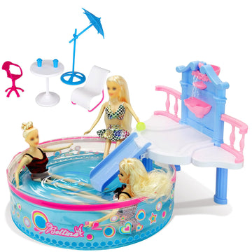 Glam Pool Playset, Deluxe Doll Pool With 7 Pcs Pool Accessories, Fits Dolls Up To 12 Inch, Kids Gifts For 3 To 8 Year Olds Girls, Bath Toys For Toddlers, Birthday Xmas Toy Gifts For Girls Kids Aged 3+