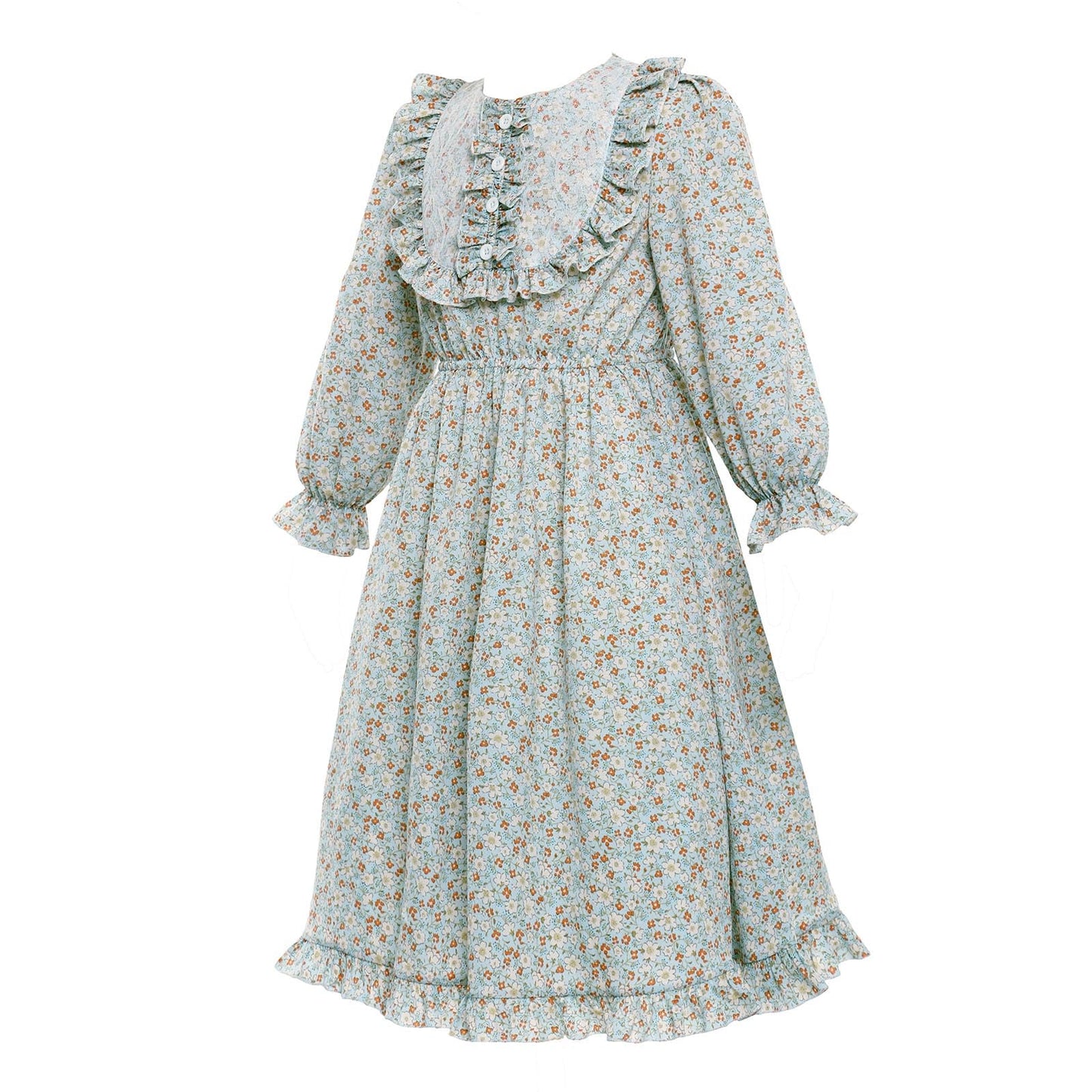 Vibsion Girls Pioneer Prairie Costume Pilgrim Dress Kids Floral Colonial Village Girl Costumes Bonnet Apron Set 3Pcs L