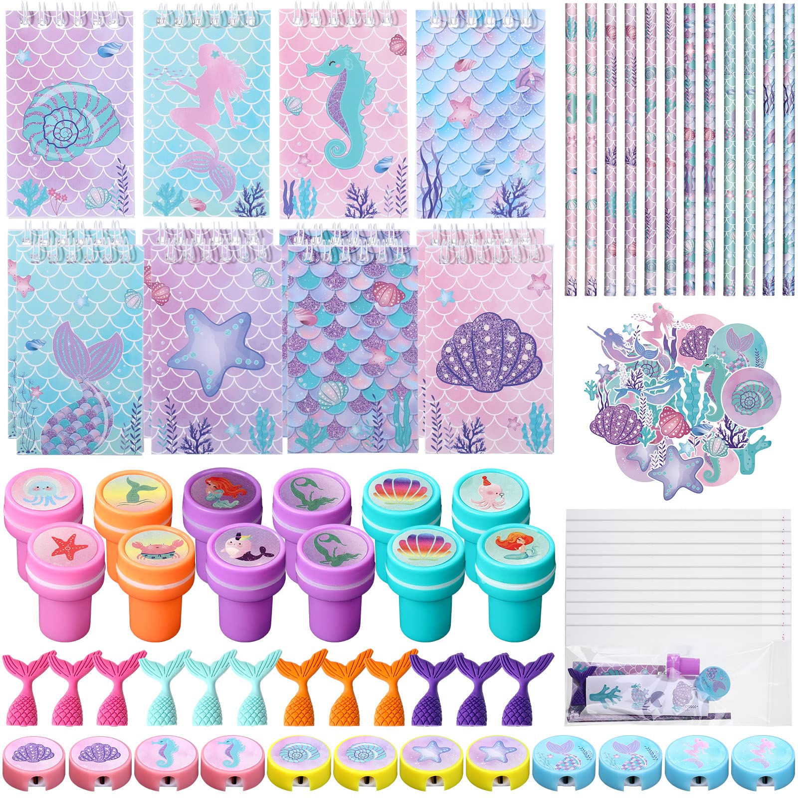 Faccito Mermaid Party Favors Mermaid School Stationery Set Class Reward Gift Notebooks Pencils Sharpener Erasers Stickers Sharpe
