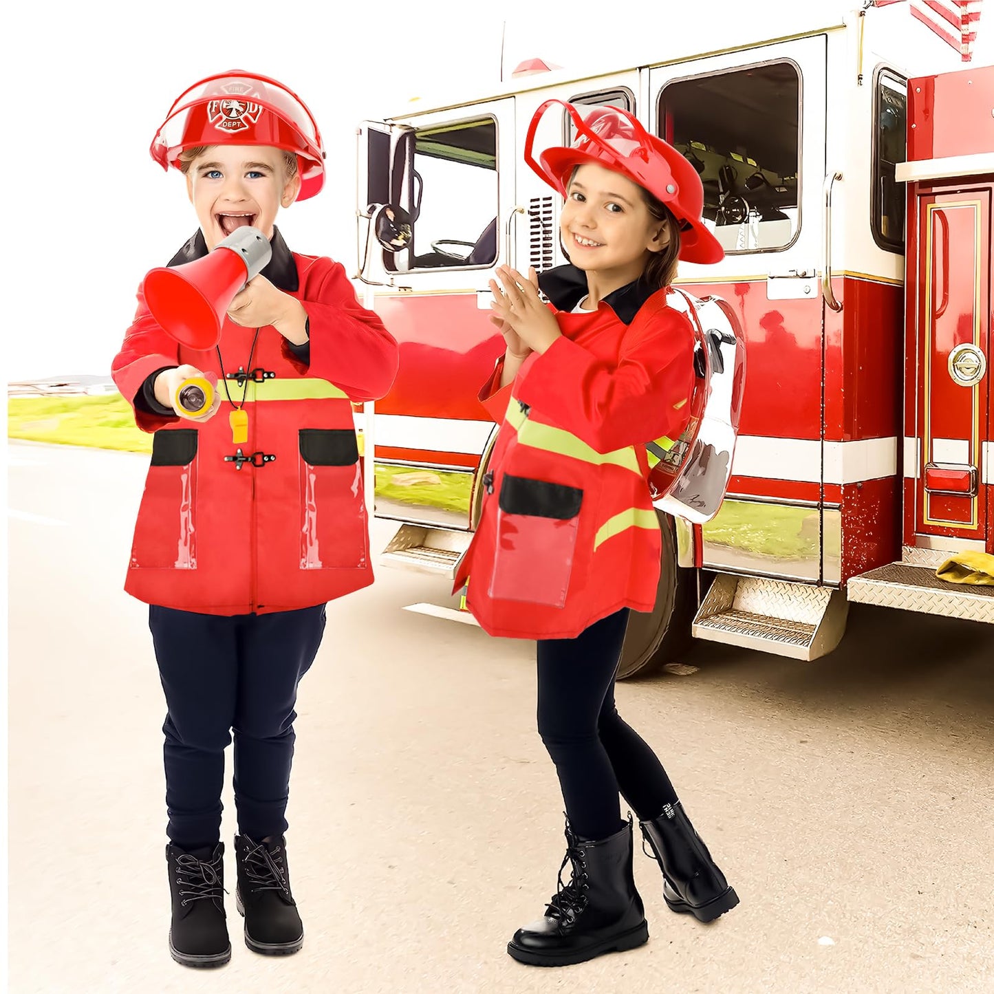 deAO Fireman Costume for Kids - 13 Pcs Toy Set, Red, 12.8 x 10.83 x 4.72 inches, Model 9982, Washable Storage