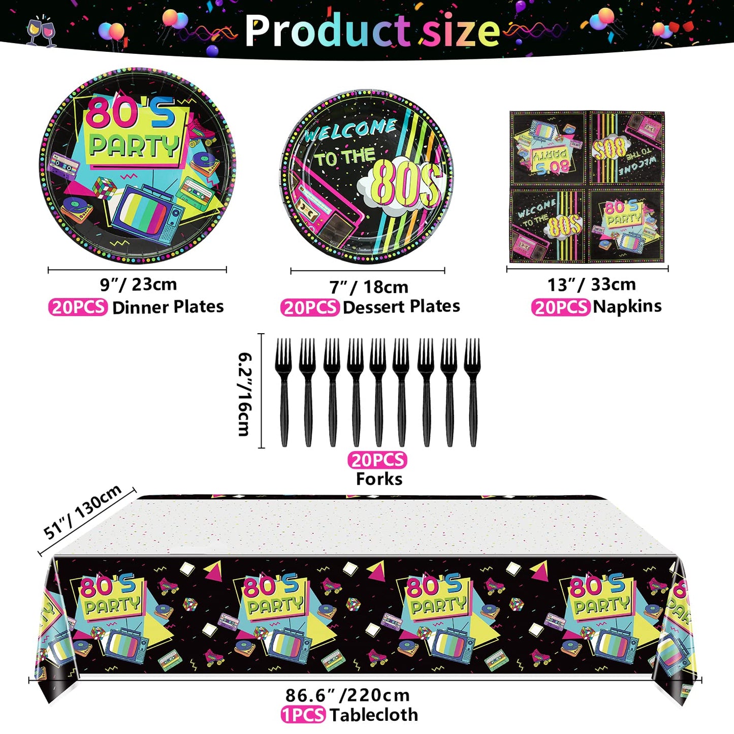 Hegbolke 80s Party Supplies - 20-81Pcs Plates, Napkins, Tablecloth, Forks Set for 80s Theme Birthday Party Decorations