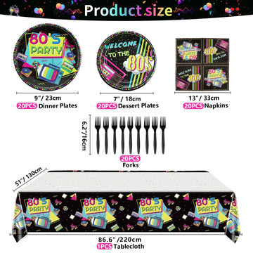 Hegbolke 80s Party Supplies - 20-81Pcs Plates, Napkins, Tablecloth, Forks Set for 80s Theme Birthday Party Decorations