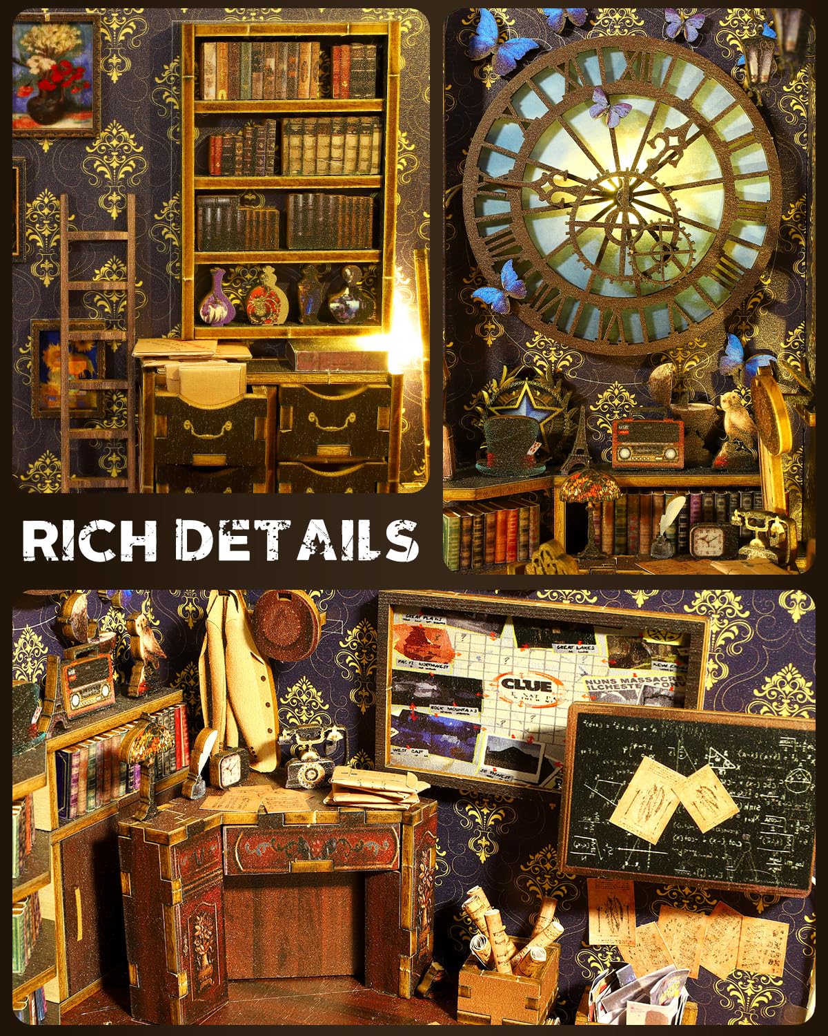 Ourmiao Book Nook Kit Detective Agency, Diy Booknooks Kit For Adults Teens With Sensor Lights, Bookshelf Diorama Miniature Scene