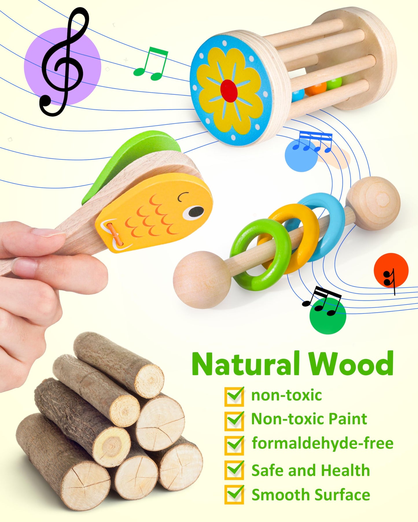 Coogam Wooden Musical Instruments Playset - Colorful Tambourine, Xylophone, Flute, Maracas - Medium Size Educational Toy