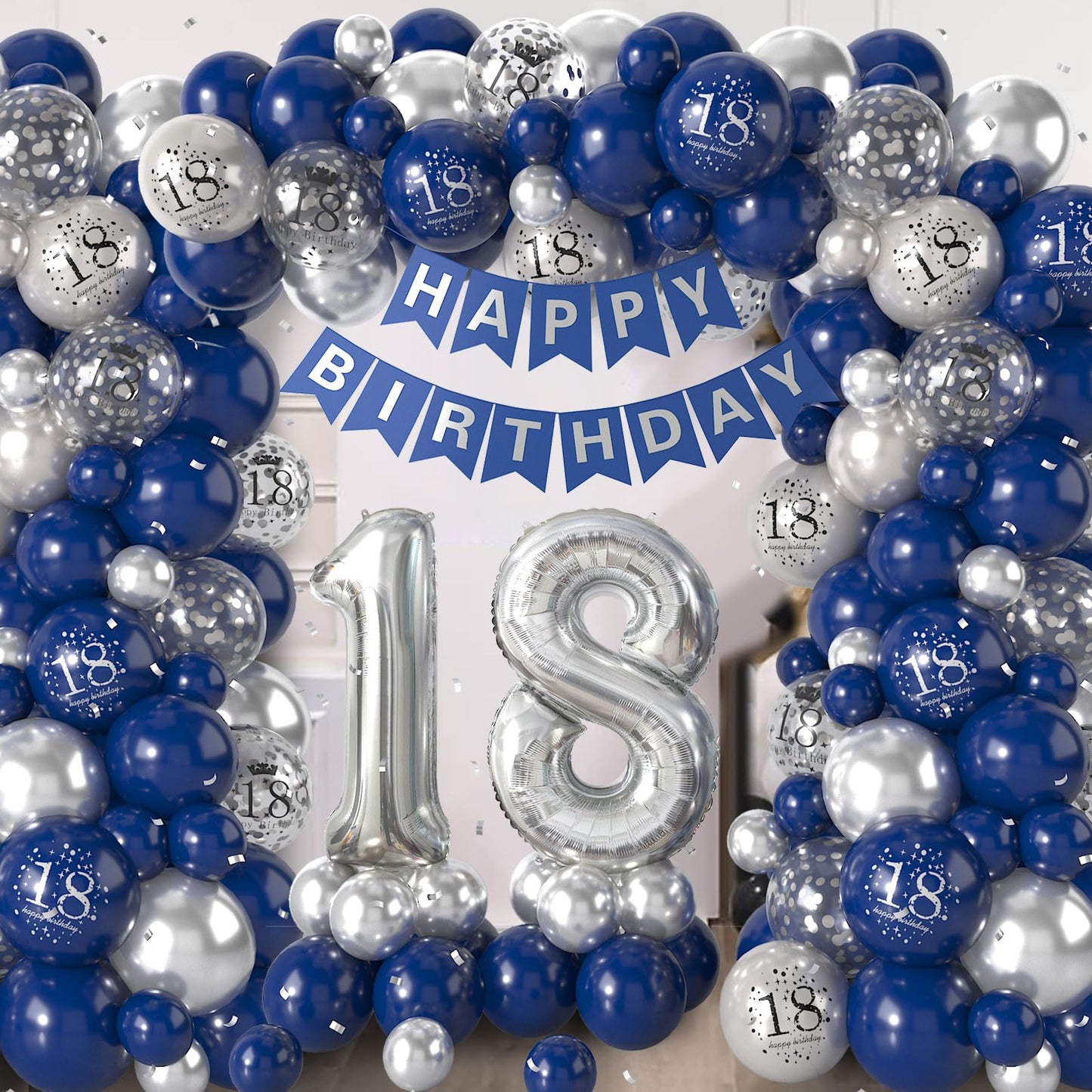 18Th Birthday Decorations Navy Blue Silver,18Th Birthday Balloon Garland Party Decorations With Number 18 Foil Balloons,Happy Bi
