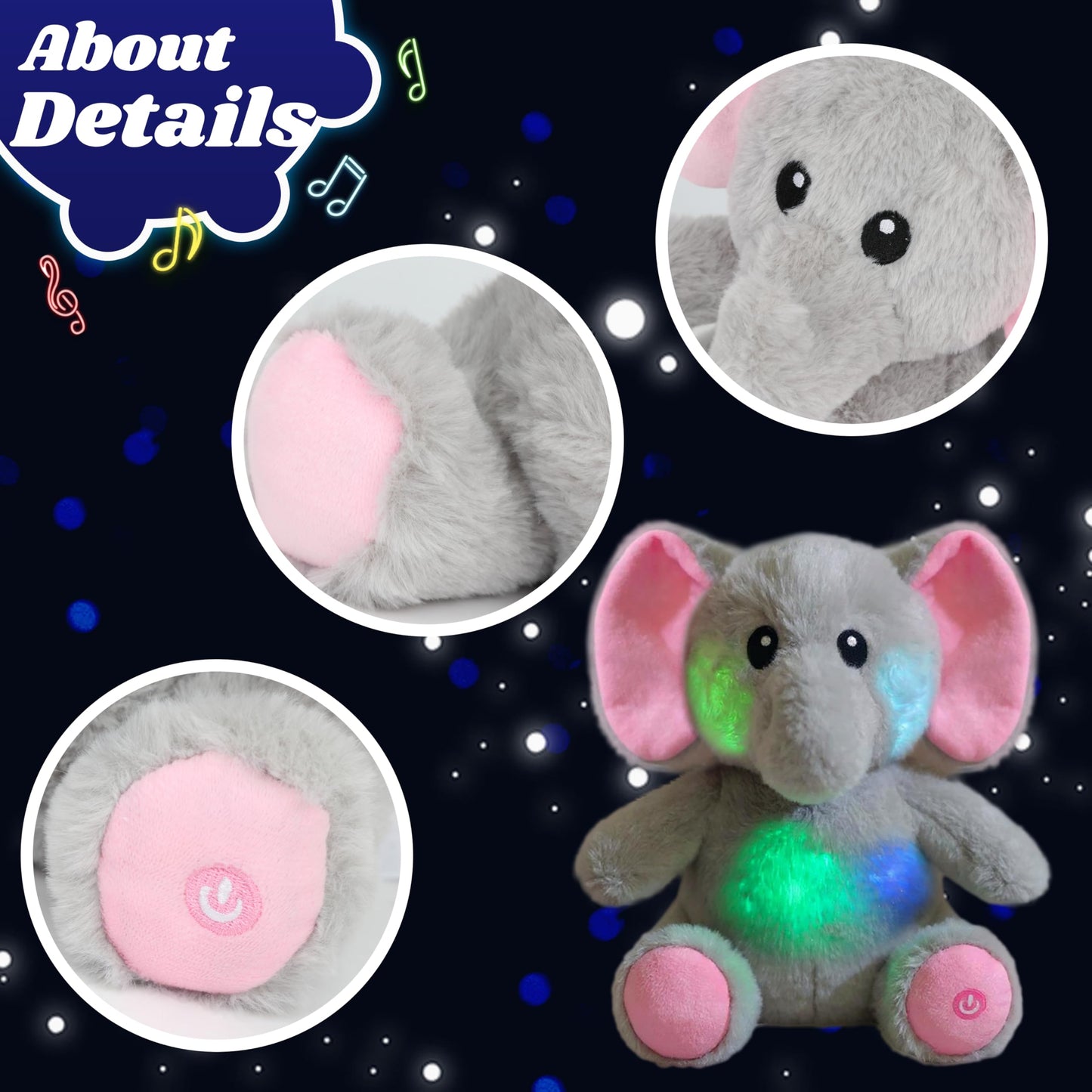 Cuteoy LED Glowing Elephant Nightlight Plush Toy, 10.5" Cotton, Musical Lullabies, Perfect Gift for Kids Boys Girls