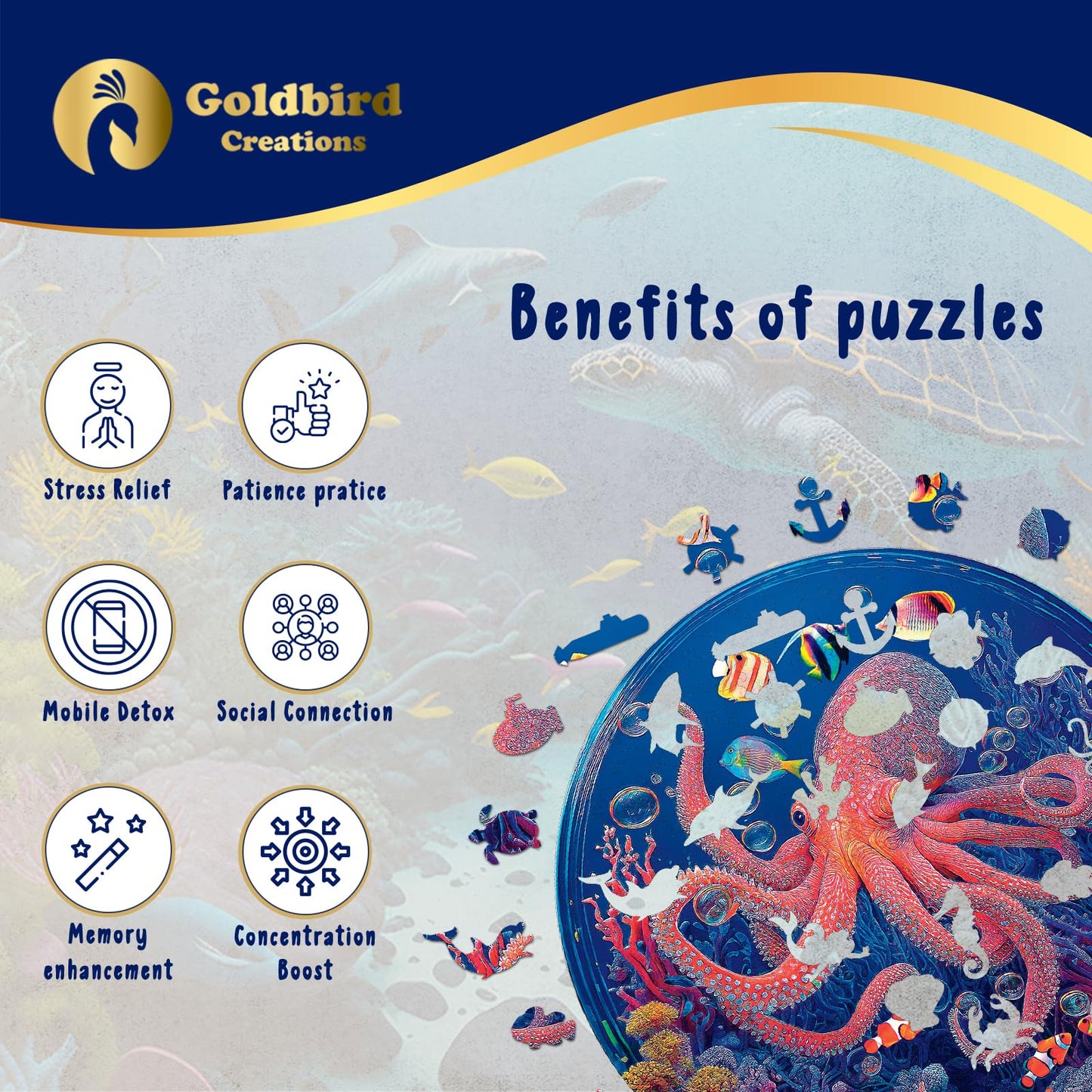Wooden Jigsaw Puzzles For Adults - Animal Shaped Puzzles - Round Wooden Ocean Puzzles - Christmas & Birthday Gift Idea - Octopus