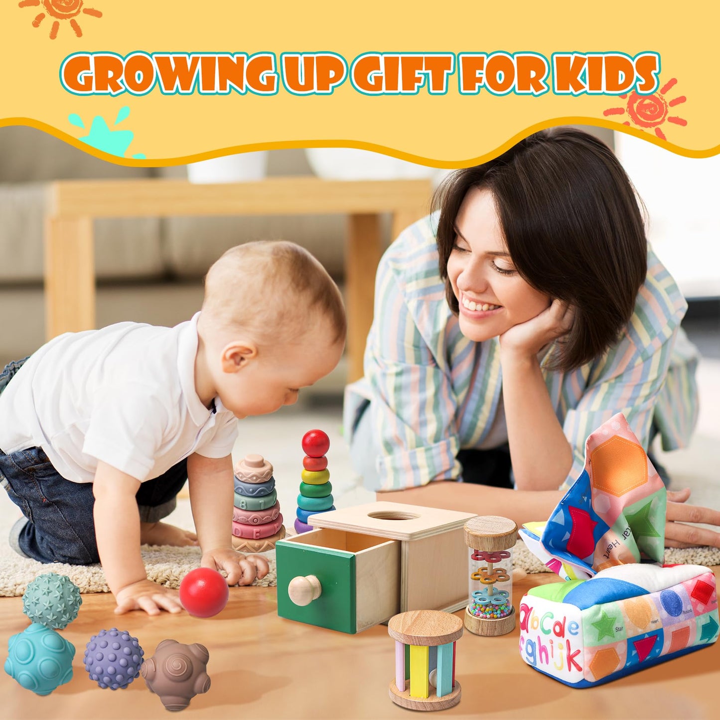 Montessori Toys For Babies 6-12 Months,1 Year Old,8 In 1 Learning Educational Set Wooden Sensory Toys For Baby Toys 12-18 Months (Includes Tissue Box Toy,Rainmaker And More)