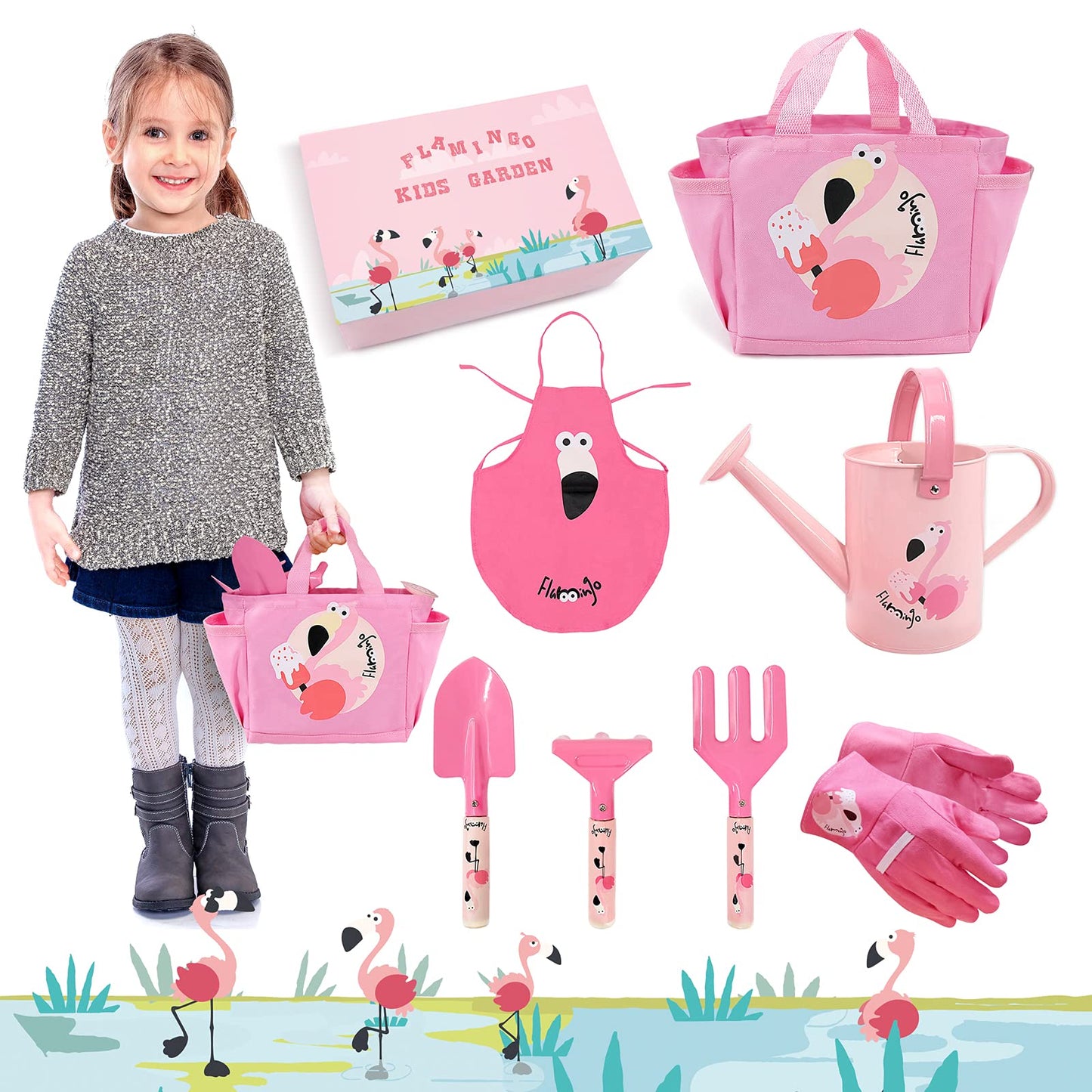 Altdorff Girls Gardening Set  Kids Garden Tools Kit Include 3 Pieces Hand Tools  Kids Apron  Tote Bag  Garden Glove and Watering Can  Garden Toys Gifts for Children