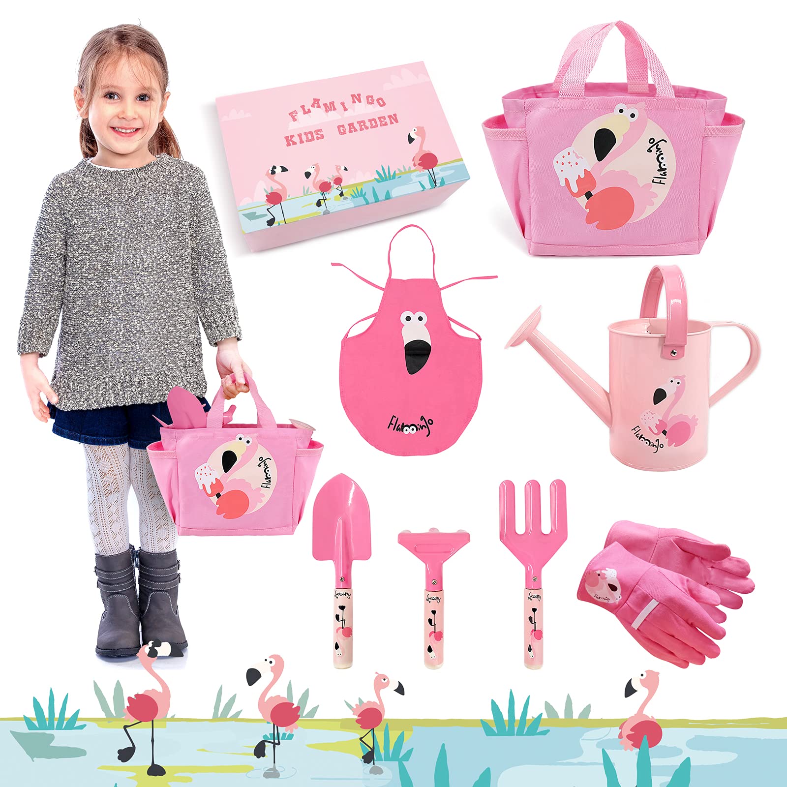 Altdorff Girls Gardening Set  Kids Garden Tools Kit Include 3 Pieces Hand Tools  Kids Apron  Tote Bag  Garden Glove and Watering Can  Garden Toys Gifts for Children
