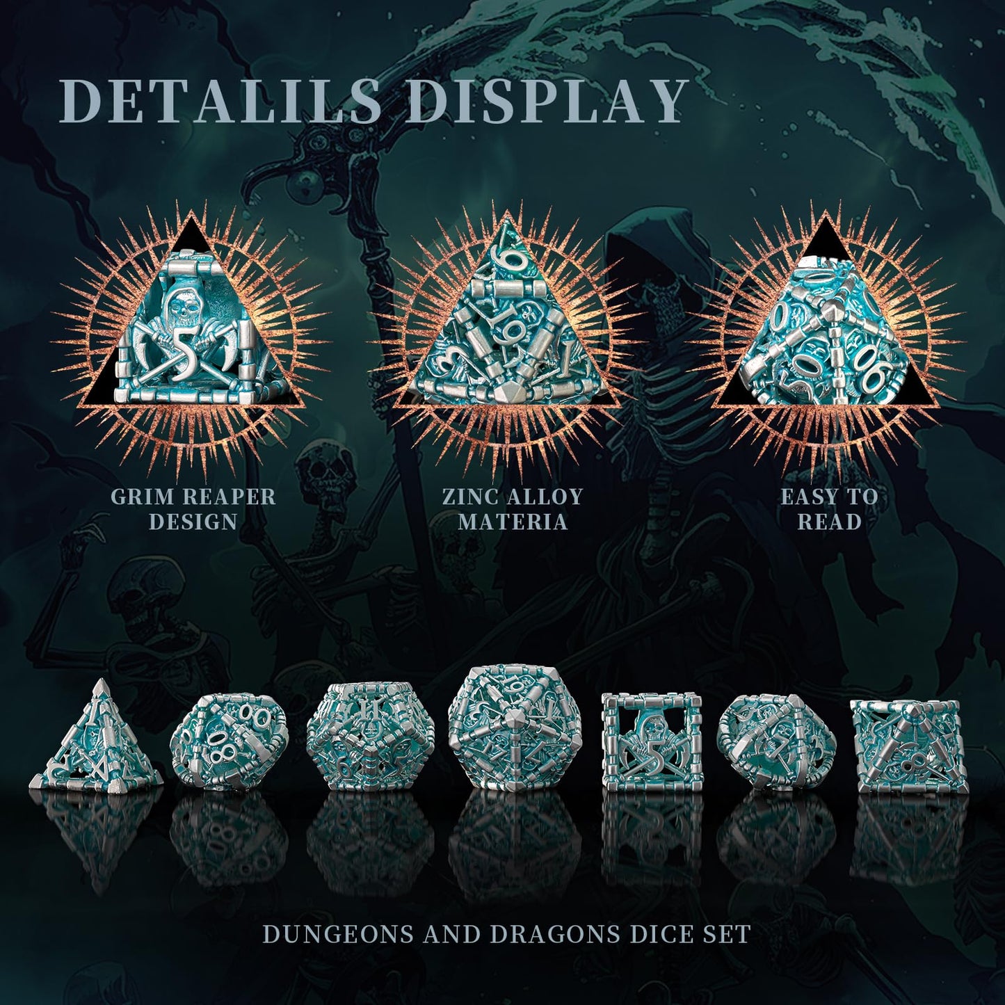 HNCCESG D&D Dice Set, Hollow Blue White Metal Grim Reaper Dice of 7 Piece,Polyhedral DND Dice Role PlayGaming for Dungeons and D