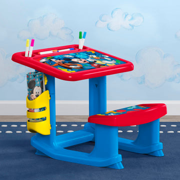 Delta Children Disney Mickey Mouse Draw and Play Desk - Small Blue, Plastic, Includes 10 Markers & Coloring Book, Model TT87461MM-1054