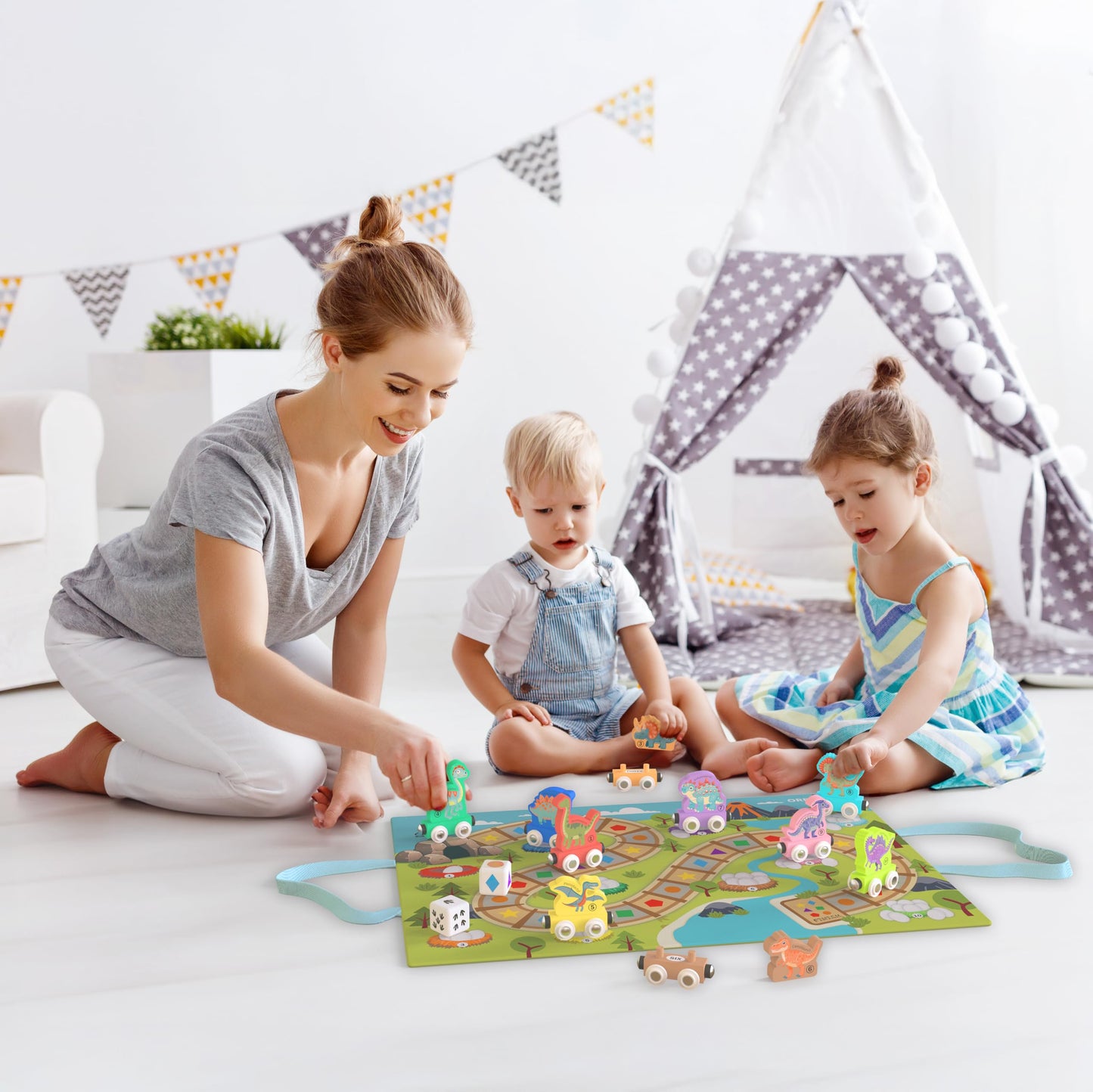 ORBRIUM 23-Piece Dinosaur Train Set - STEM Toy & Educational Game with Wooden Train Cars, Dice, Shapes & Colors - Montessori Lea