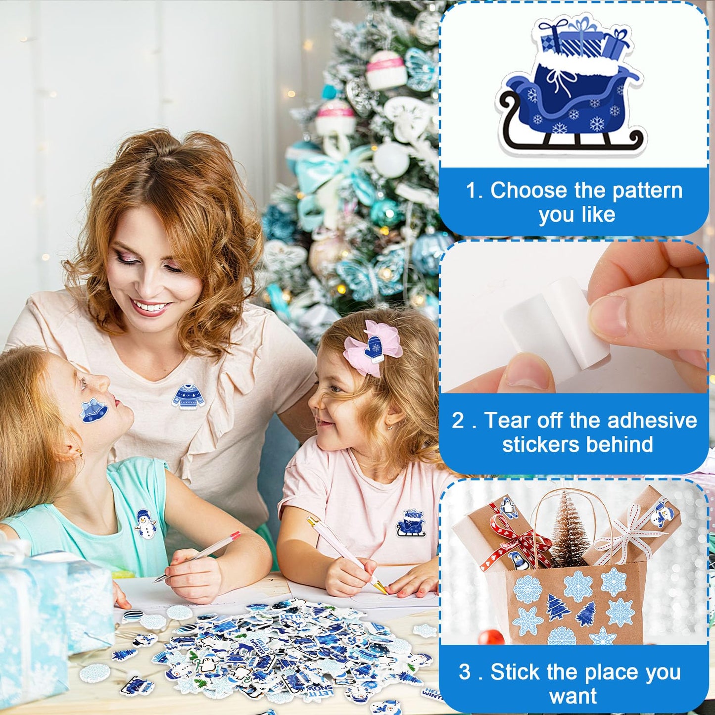 JULBEAR Winter Foam Sticker, 300Pcs Penguin Snowman Snowflakes Self Adhesive Foam Stickers for Kids Christmas Party Favors DIY C