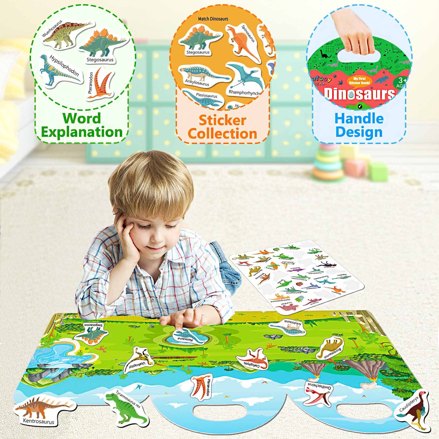 Igetooy Reusable Sticker Books For Kids, Sticker Books For Toddlers 2-4 Years, Airplane Travel Essential For Kids, Stickers For Kids 2 3 4 5 6 Year Old Girls Boys (Dinosaurs)