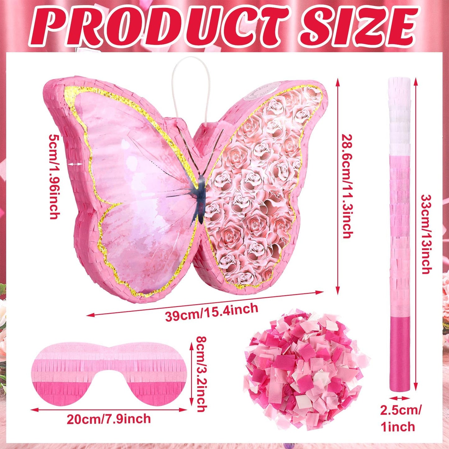 Zhanmai Butterfly Sunflower Piñata Set - 15.4x11.3x2 Inch Pink Bat Stick & Blindfold for Girls Birthday Party Supplies