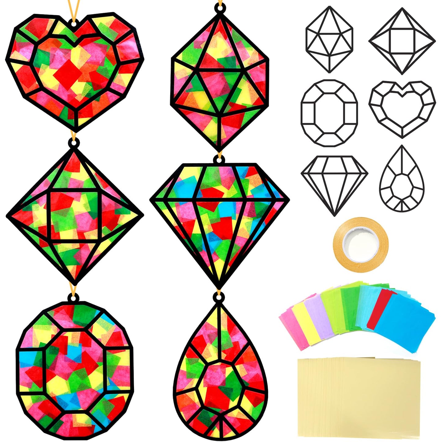 Qyeahkj 36 Set Jewel Suncatchers Crafts for Kids DIY Diamond Window Tissue Paper Craft Kit Jewel Hanging Decor for Summer School