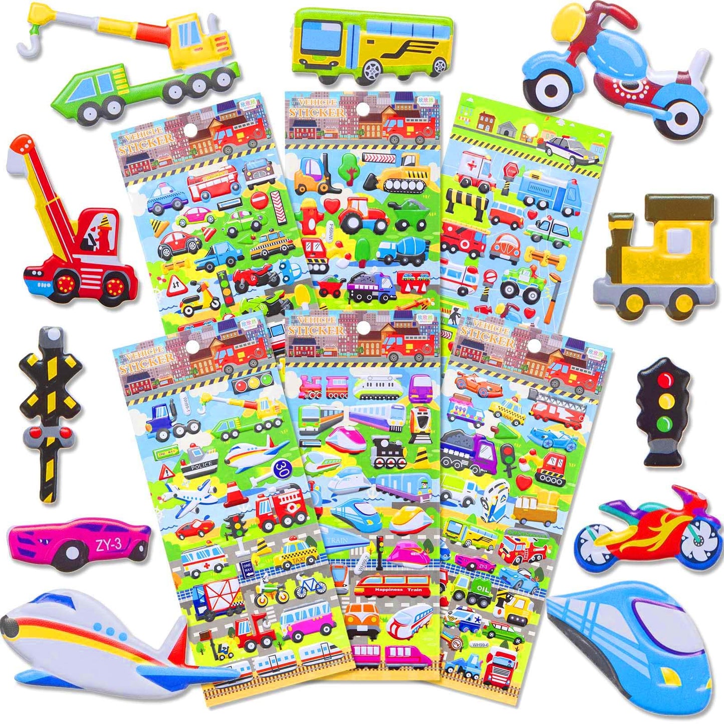 3D Puffy Car And Vehicle Stickers For Kids Toddlers, 6 Packs Reusable Foam Truck Stickers For Boys With Construction Trucks, Tra