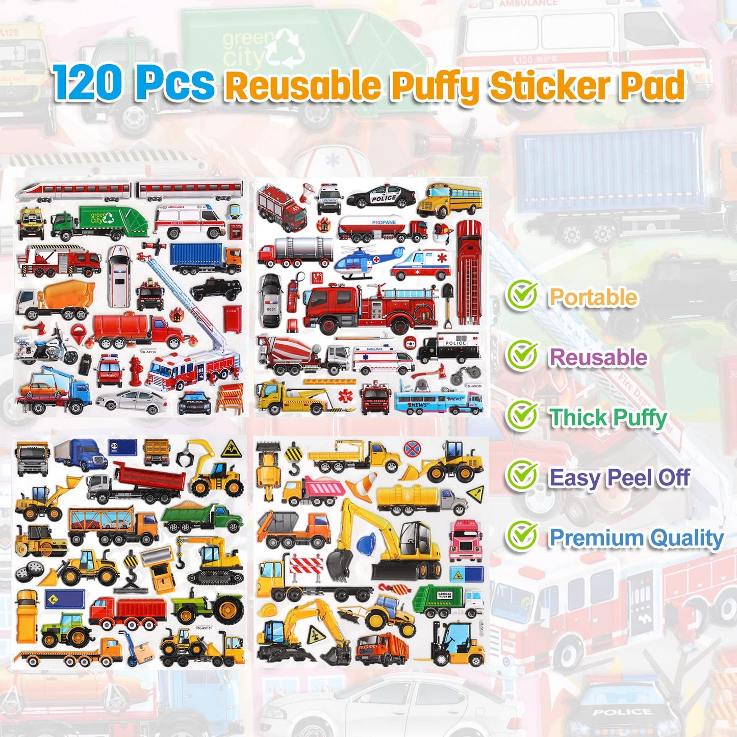 Shangrla Large Puffy Stickers Playset:Construction And Vehicle For Toddlers Boys Kids Travel Airplane Activities Reusable 3D Sticker With Trucks Tractor Police Car Fire Truck Ambulance,Puff Stickers.