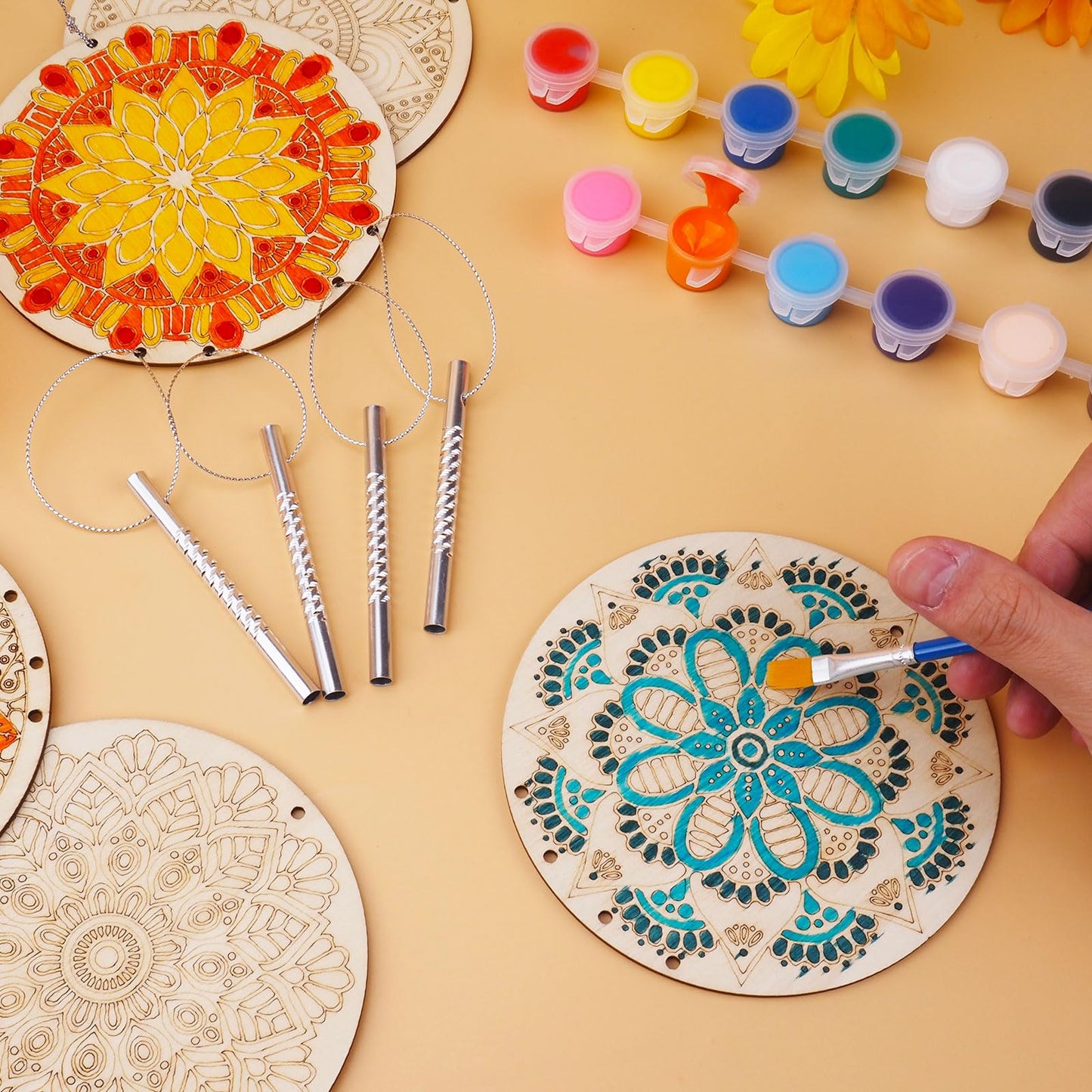 HOTPLACY 24 Sets Mandala Wind Chimes Craft Kit for Kids, DIY Colorful Small Ornaments, MFL103