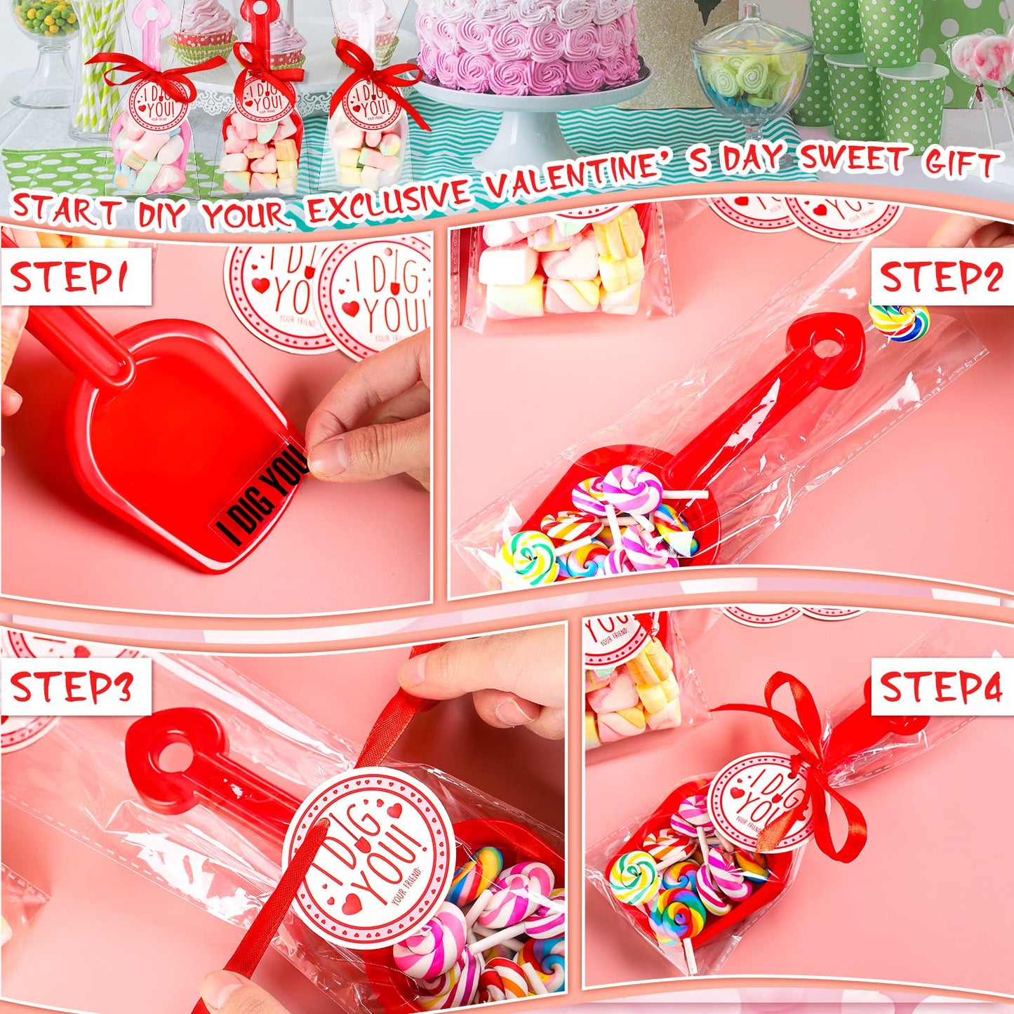 Chumia 85-Piece Valentine's Day I Dig You Shovels with Stickers, Tags, and Candy Bags for Party Favors