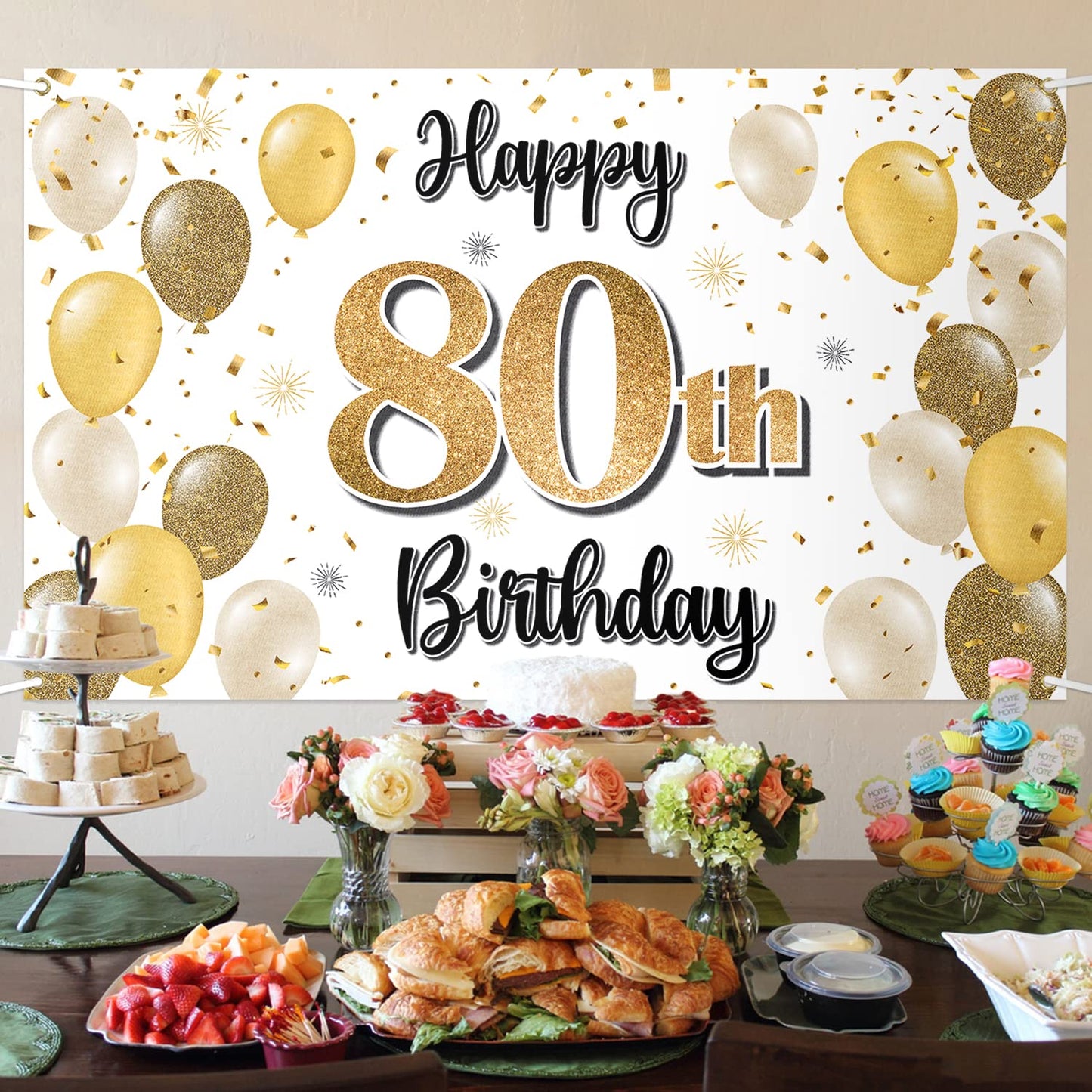 LASKYER 80th Birthday Decorations - Gold Balloon Banner Backdrop Sign, Polyester, Cheers to Eighty Years, Perfect for Bday Party Supplies