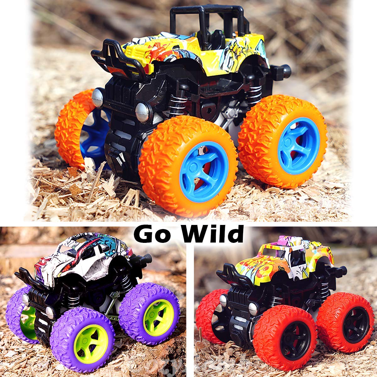CozyBomB Monster Trucks Toys for Boys - Friction Powered 3-Pack Mini Push and Go Car Truck Playset Inertia Vehicle for Boys Girl