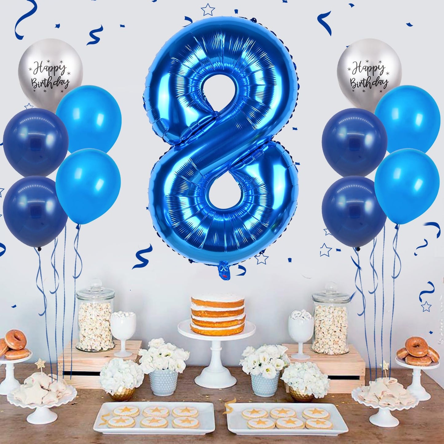 FunHot 40 Inch Blue Number 8 Balloon, Rubber Latex, 11Pcs Silver Print, 8th Birthday Party Decorations