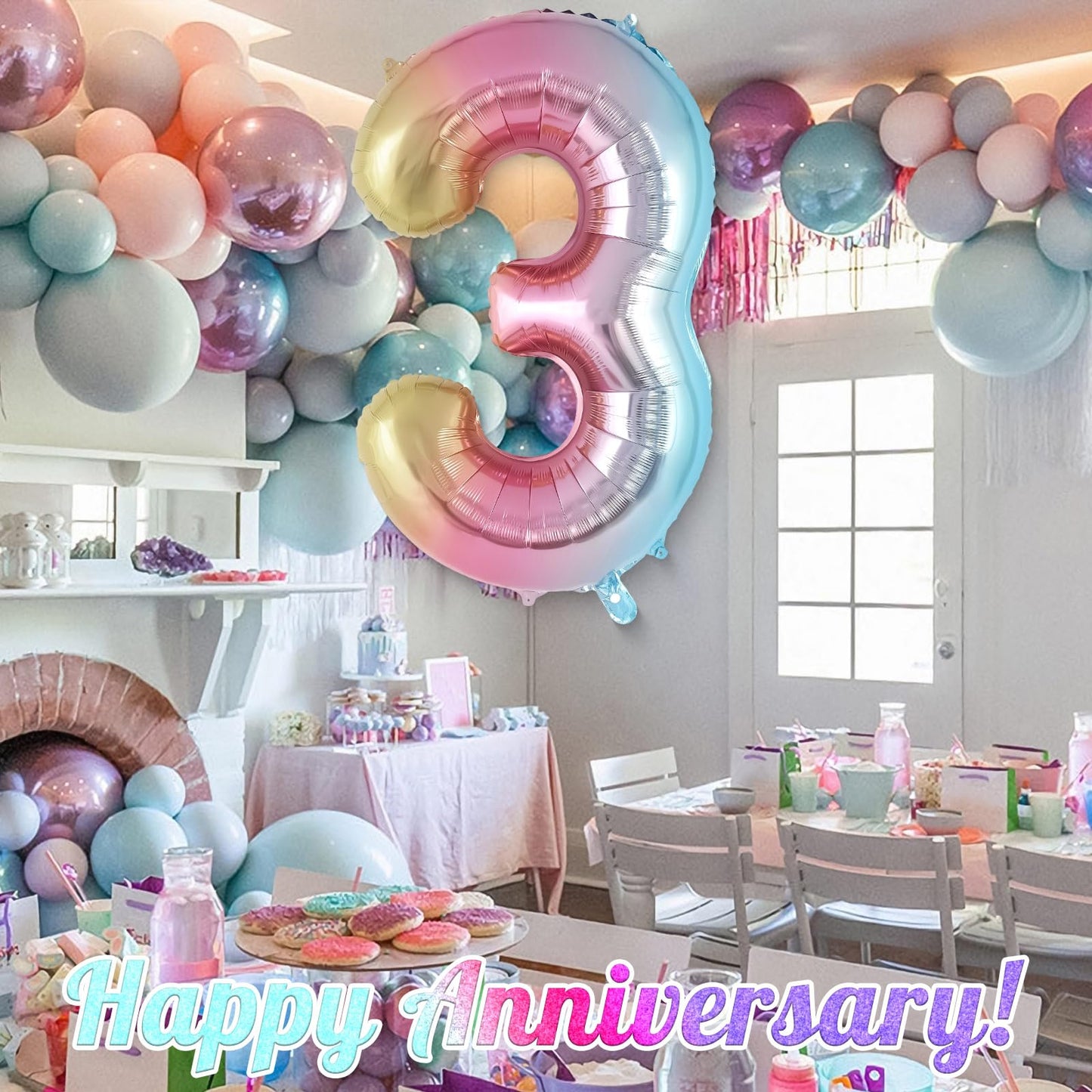Rainbow Gradient Number 3 Balloon, 40 Inch Big Large Foil Number Balloons, Jumbo Mylar Number 3 Balloons For 3 Third Birthday Pa