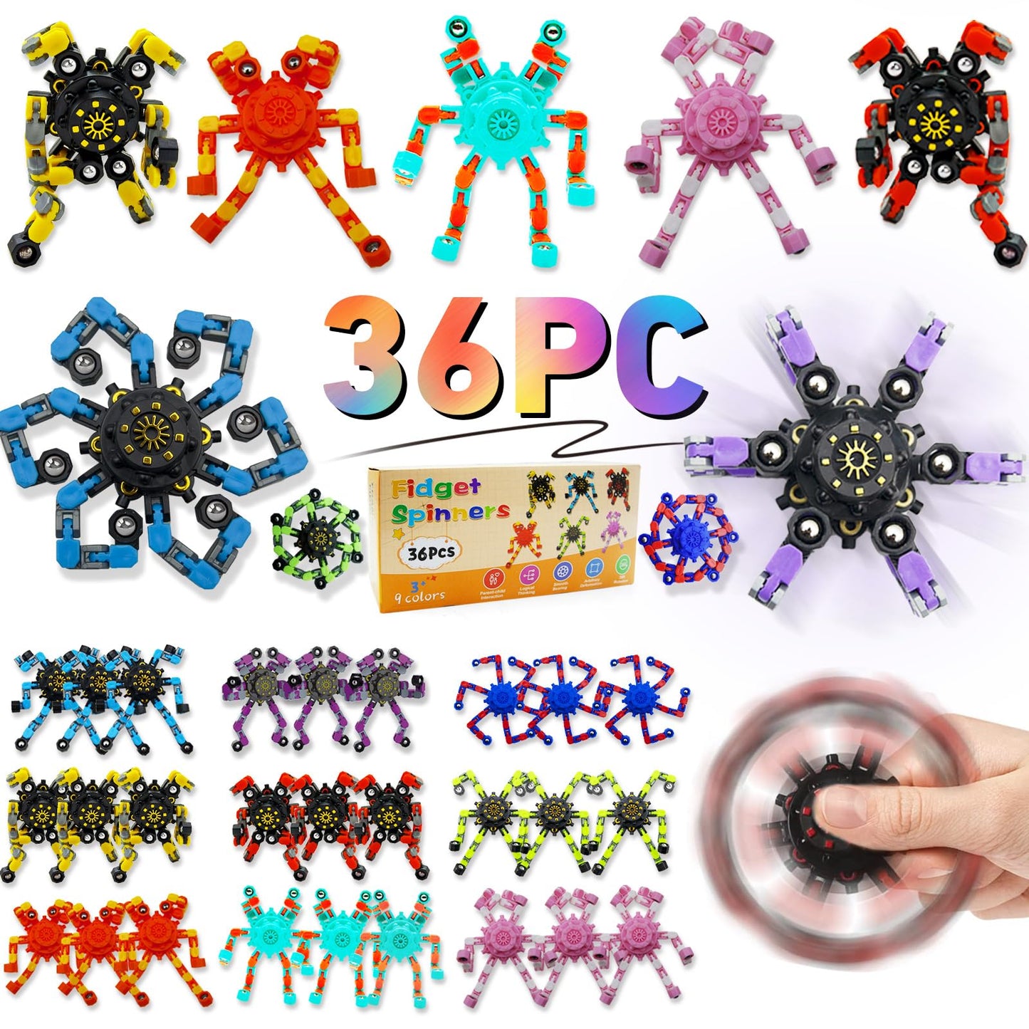 Irvotbes Transformable Fidget Spinners - 36pc Plastic Stress Relief Toys for Kids & Adults, DIY Robot Fingertip Gyros, Easter Basket Stuffers