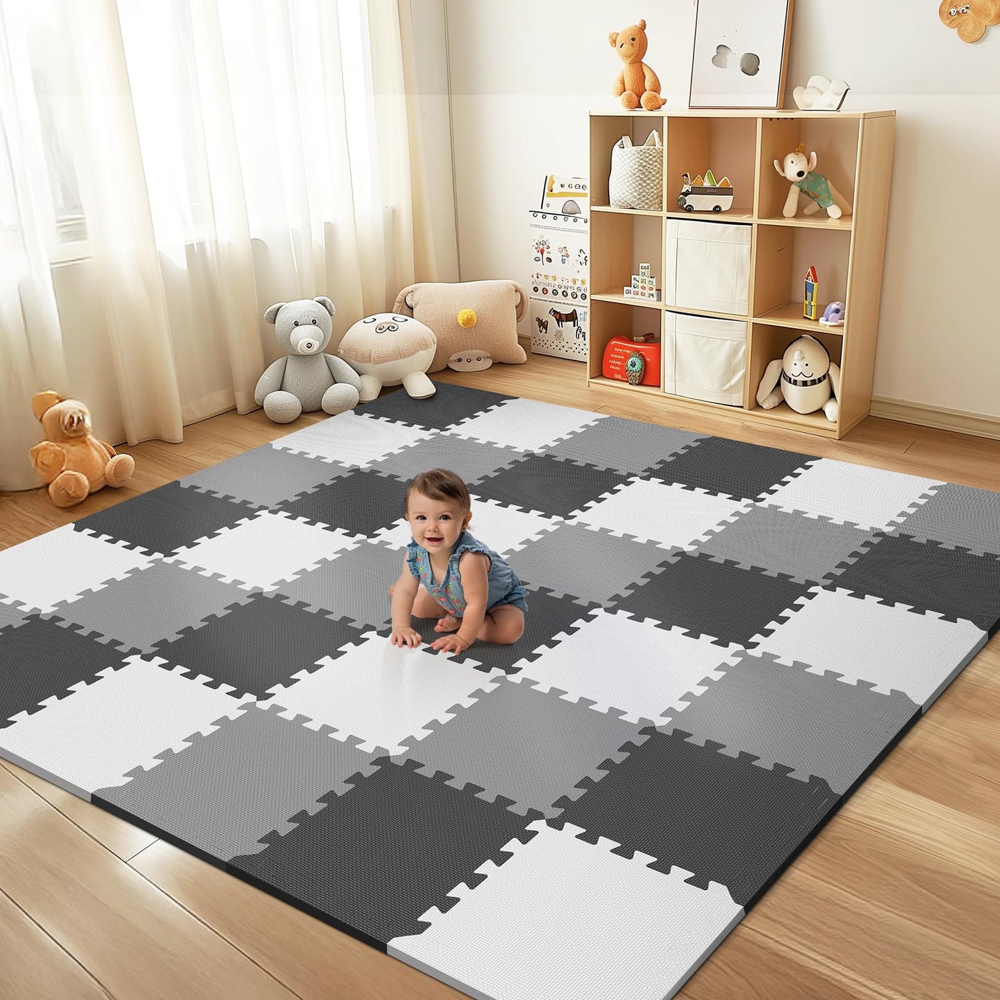36Pcs Baby Play Mat for Floor  Foam Floor Tiles for Kids with Interlocking  Squares Foam Puzzle Carpet for Playroom Crawling Rug for Babies 6-12 Months Toddlers 11.8*11.8*0.6In Each Grey White Black