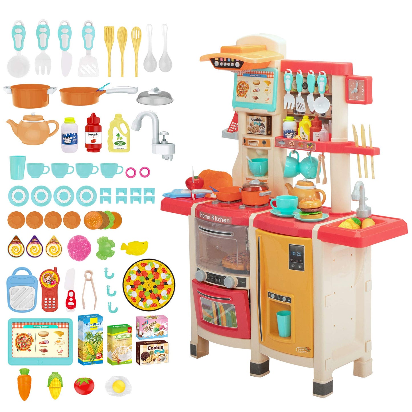 Kids Play Kitchen,Kitchen Playset with 65pcs Kitchen Toys for Toddlers,Play House Accessories with Spray Stove, Simulated Steam,