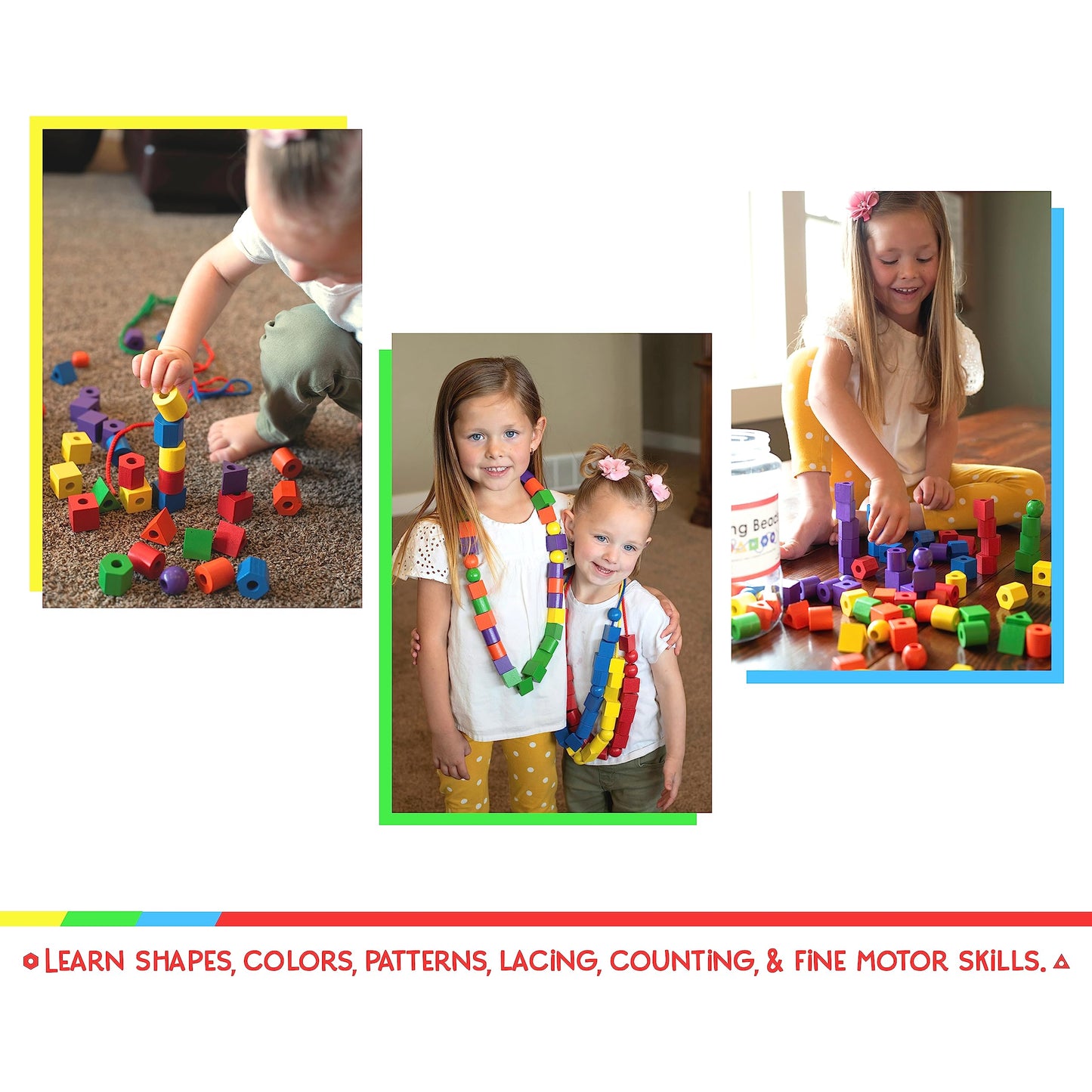 LMC Products Wooden Lacing Beads & Strings Set - 125 Pieces, Colorful Fine Motor Skills Toys for Toddlers, Occupational Therapy, Large Size