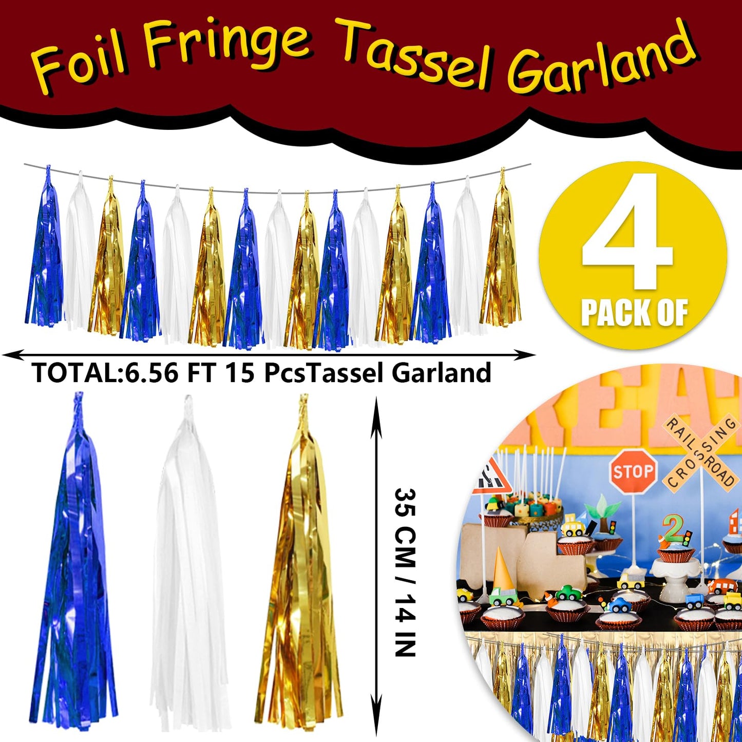 4 Pack Navy-Blue White and Gold Foil Fringe Tassel Banner Garland Metallic Tinsel Streamers Wall Hanging Curtain Backdrop Banner