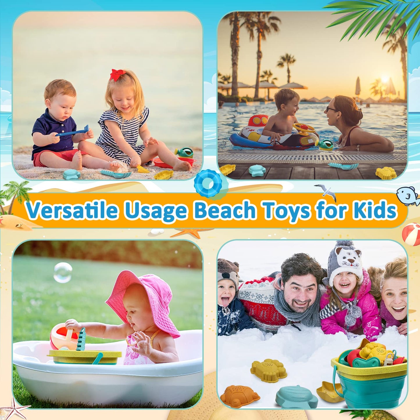 HomeMall 14PCS Beach Toys for Kids, Sand Toys Set for Toddlers, Sandbox Toys Includes Collapsible Bucket Shovel and Rake Set, Sa