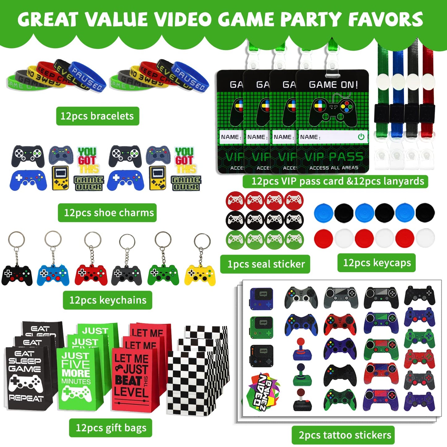 Bluegogo Video Game Party Favors, Gamer Party Favors - Vip Passes Keychains Tattoo Stickers Shoe Charms Button Caps Bags For Gam