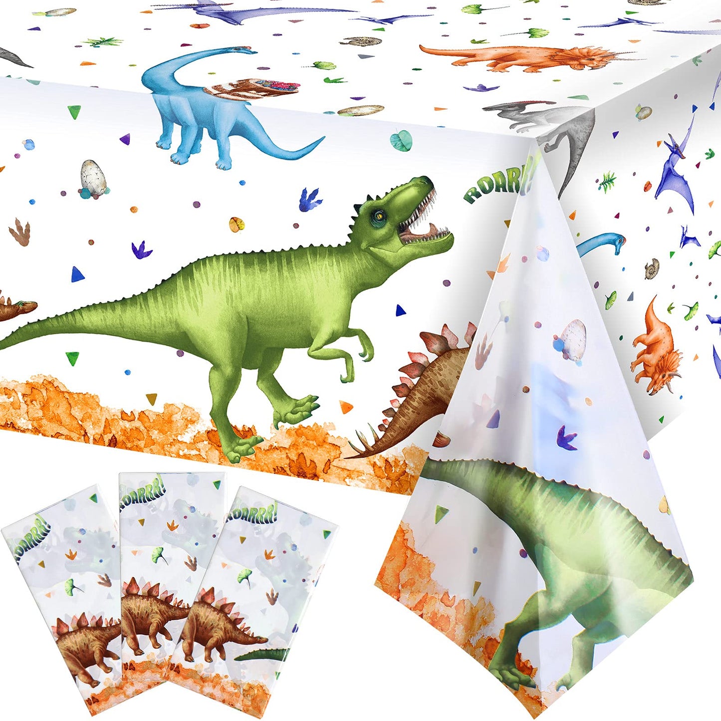 Tatuo 3 Pcs Watercolor Dinosaur Tablecloth 54 x 108 Inch Dinosaur Birthday Party Plastic Table Cover Decoration Disposable Water