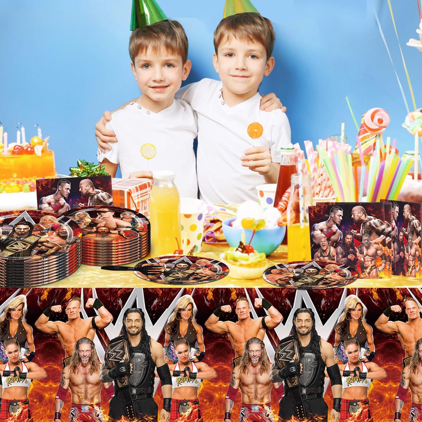 Wrestling Birthday Party Tableware Set, Include Wrestling Theme Party Tablecloth, Dessert Plates, Napkins, Forks, for Wrestling