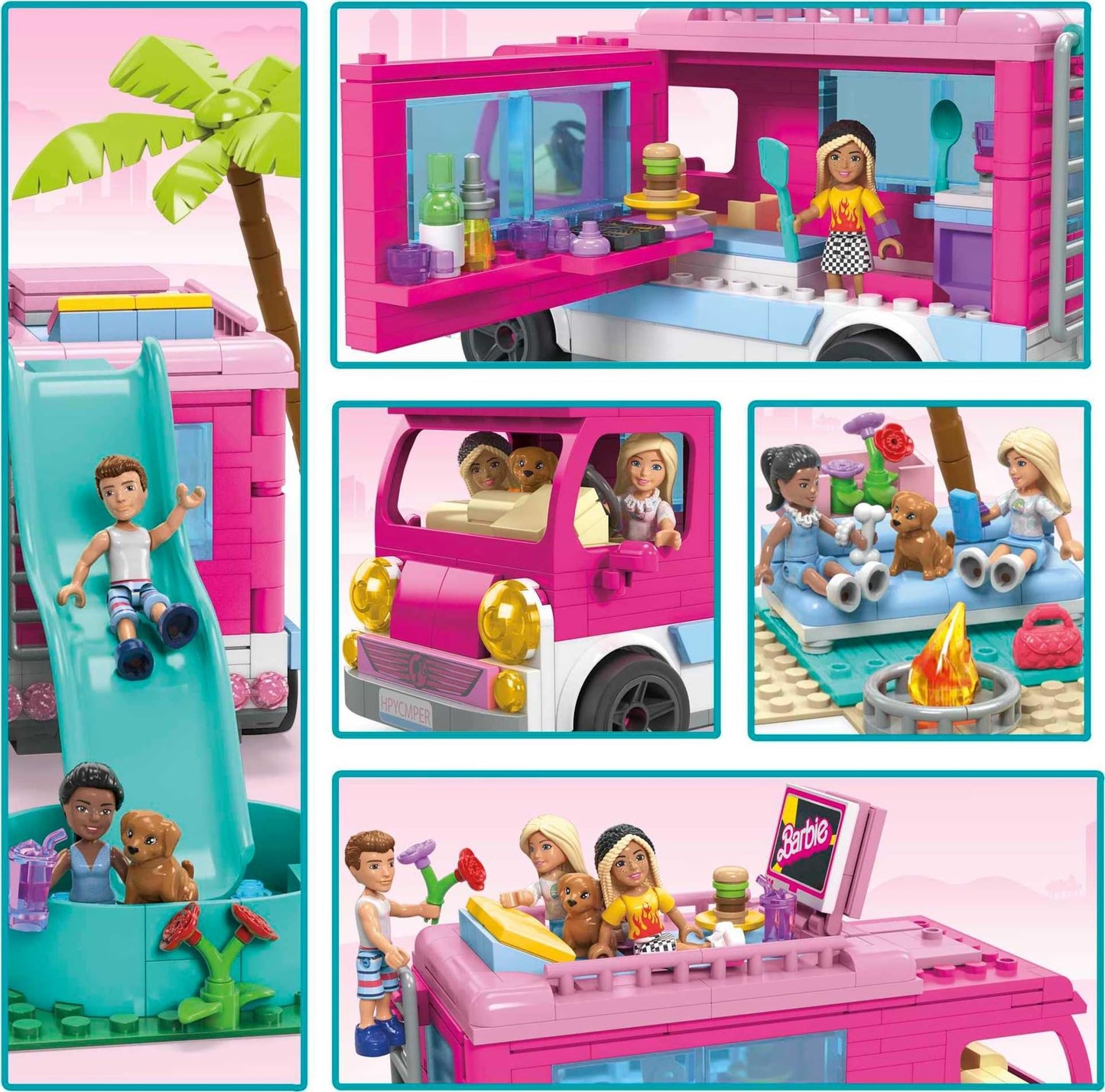 Mega Construx Barbie Dream Camper Adventure Building Toy Set, 580 Pieces, 4 Micro-Dolls, Pink, Ages 6+, Plastic