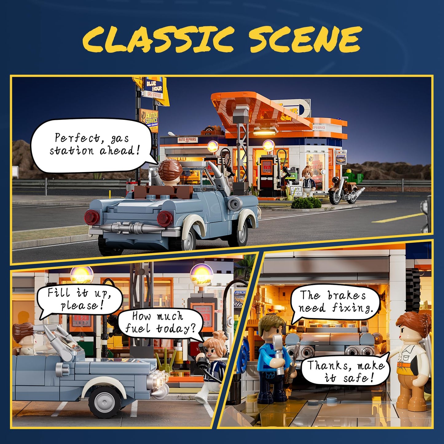 FUNWHOLE City Gas-Station Building Bricks Set - 1608 Pcs Modular Car Service Station - LED Light - Large - Model F9065-MT-EU