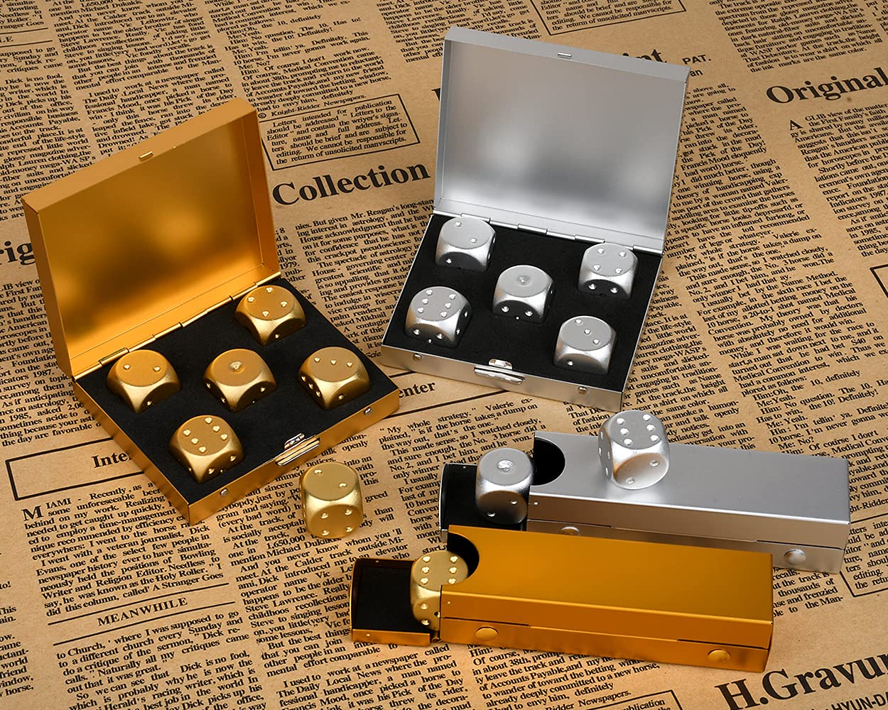 DS.DISTINCTIVE STYLE Aluminum Alloy Dice 5 Pieces 16mm Portable Metal Dices with Case 6 Sided Dice for Party Game (Gold Rectangl