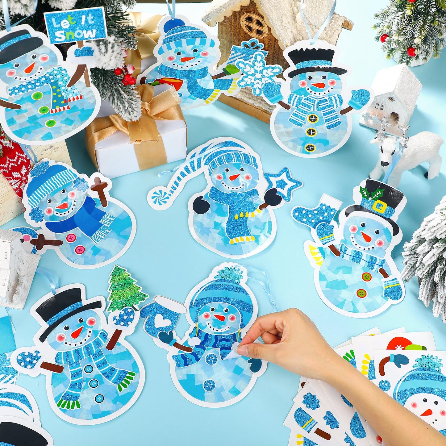 DoubleFill 48 Sets Winter Snowman Suncatchers Crafts Kit Snowman Craft DIY Tissue Paper Suncatchers Craft Kit DIY Ornaments for