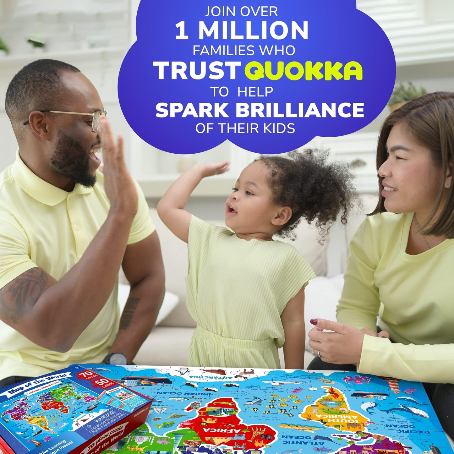 QUOKKA World Map Puzzles for Kids Ages 4-6 - 70 Pcs Floor Puzzles for Kids Ages 4-8 Preschool Activities - Includes 50 Cards with 400+ World Facts - Continent-Shaped Jigsaw Puzzle Gift for Girls Boys