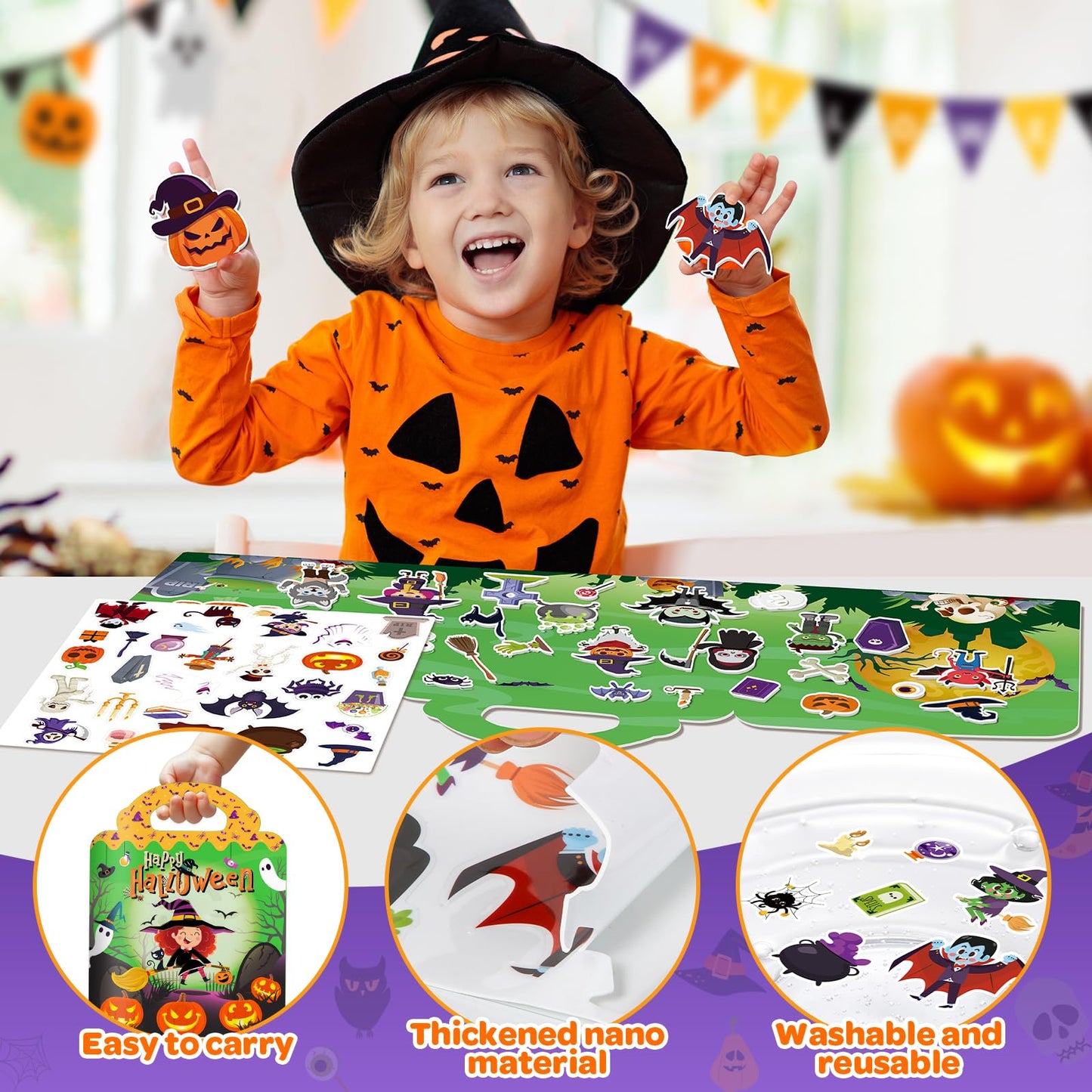 4 Sets Halloween Reusable Sticker Books for Toddlers 1-3, Arts Crafts for Toddler 3-5, Activity Books for Kids 2-4, Toddler Toys